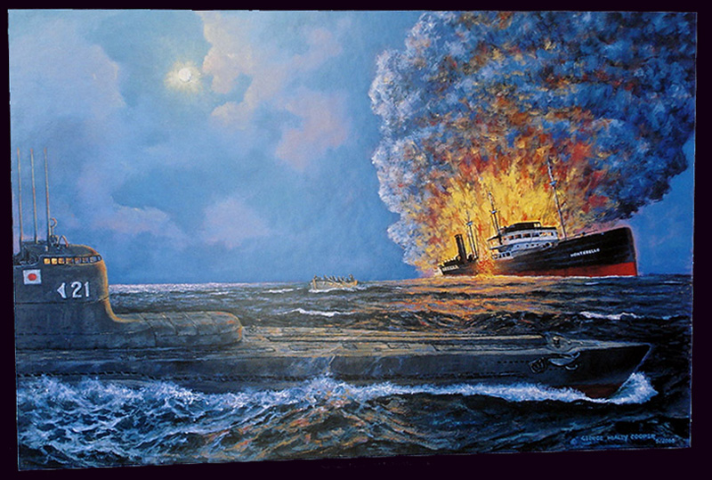 nighttime scene of submarine on ocean surface and exploding ship in the distance