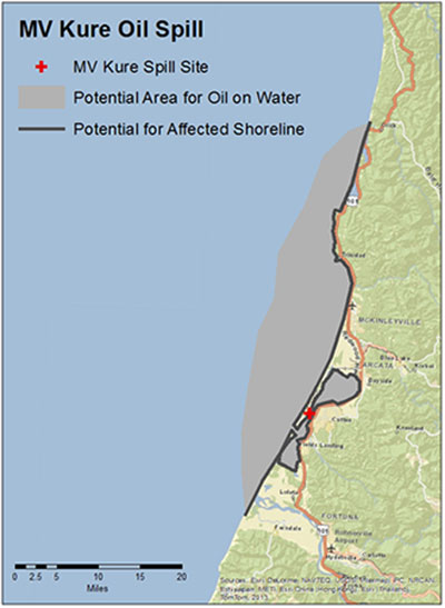 map showing showing spill location inside and outside Humboldt Bay