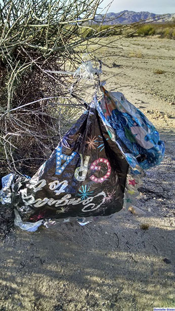 A balloon flutters in the desert wind - link open in new window.