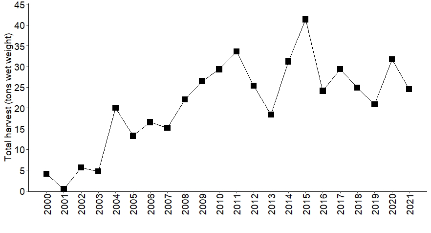 Total annual commercial harvest for all species of edible seaweed/agarweed, 2000-2021. Data from Commercial Edible Seaweed/Agarweed Aquatic Plant Harvesters' Monthly Reports.