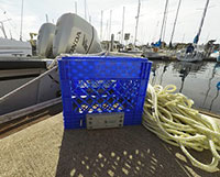 Milk Crate, with weights and rope for descending fish-enlarged photo in new window when selected