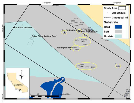 Hard and soft substrate mapped within the Huntington Flats study area in southern California in 2008. Data source: California Seafloor Mapping Project. Some areas beyond state waters (3 nm) were not available. Circled numbers reference small patches of hard substrate within the study area. AR=artificial reef.